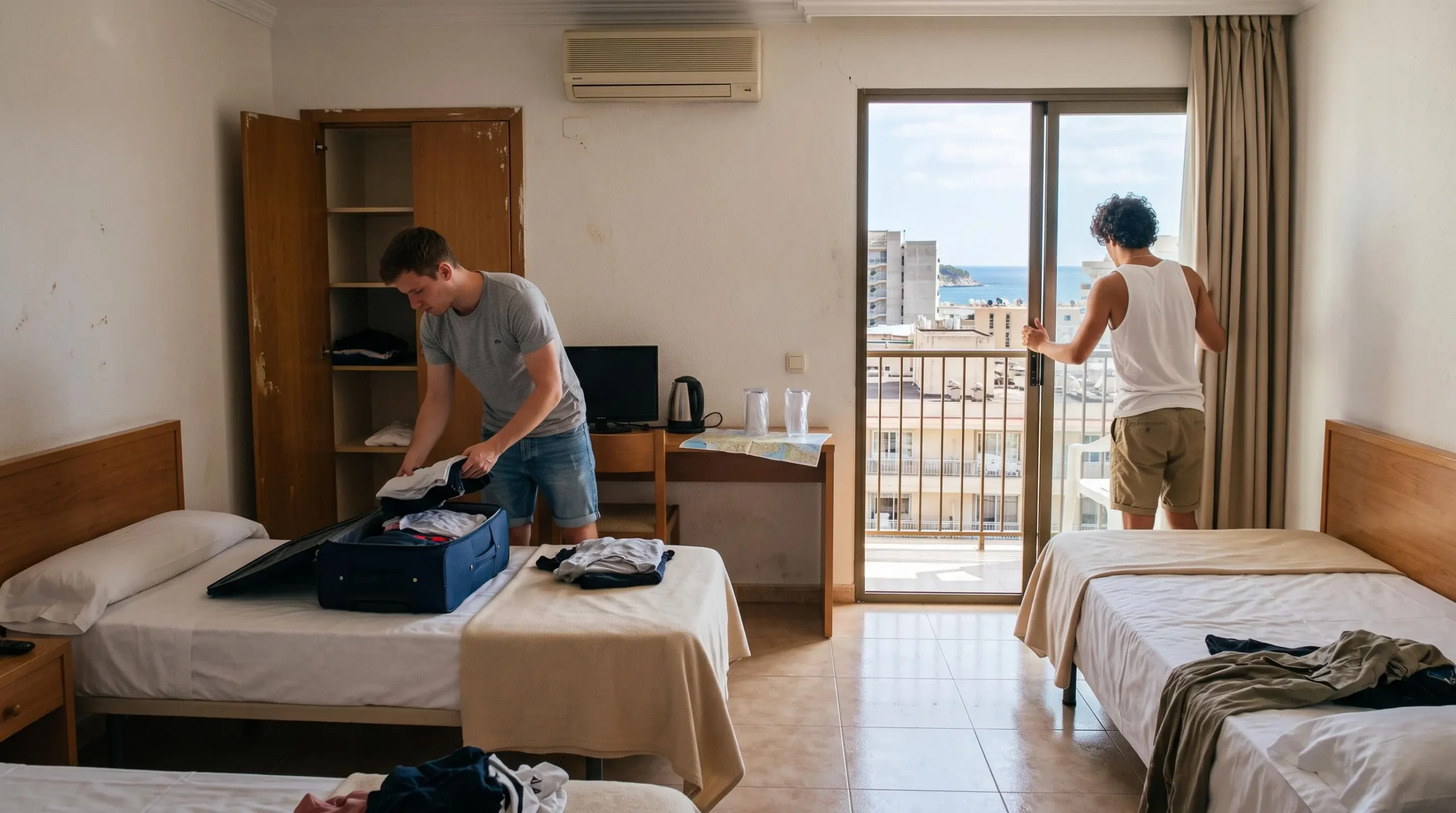 Due giovani sistemano le valigie in una semplice camera d'hotel economica con vista sui tetti di Magaluf.