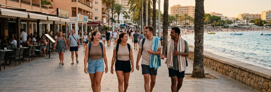 Un gruppo di giovani amici cammina lungo il lungomare di Magaluf verso gli hotel e la spiaggia al tramonto.